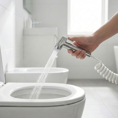 Toilette avec douchette inox, tuyau blanc extensible