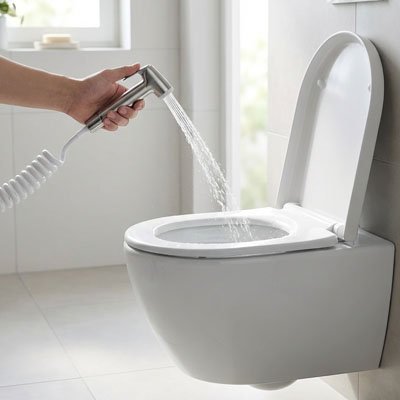 Toilette avec douchette tuyau extensible blanc et poignée en inox