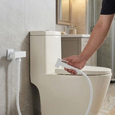 toilette douchette WC fixé au mur, blanc, poignée design et moderne cubique, gâchette ergonomique 