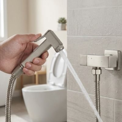 toilette douchette WC fixé au mur, gris métallique, poignée design et moderne cubique, gâchette ergonomique 