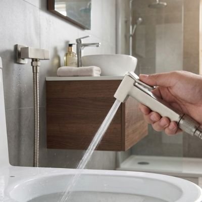 toilette douchette WC fixé au mur, poignée design et moderne cubique, gâchette ergonomique, gris métallique 