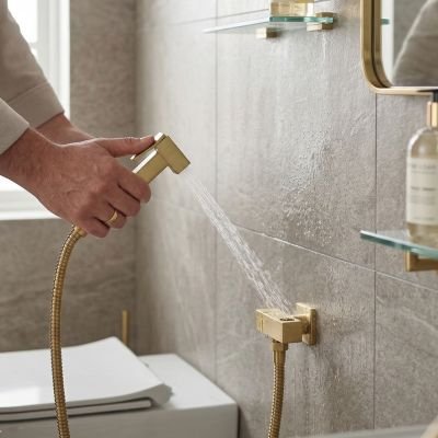 toilette douchette WC, poignée design et moderne cubique, gâchette ergonomique, fixé au mur, doré 