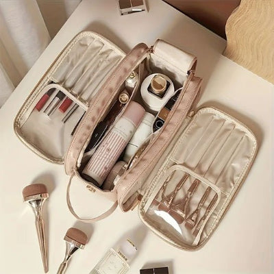 Trousse de toilette beige grande capacité, portable, double fermeture éclair