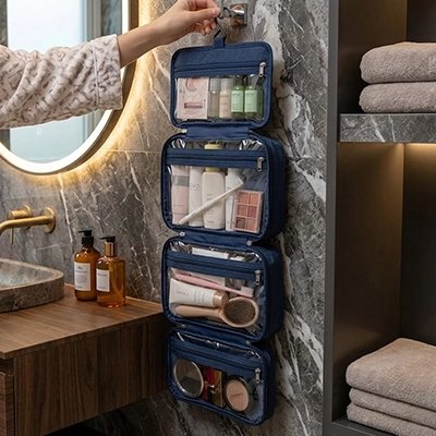 Trousse de toilette bleu foncé, suspendue, pliable, quatre compartiments de rangement transparents à fermeture éclair