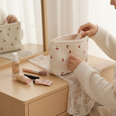 Trousse de toilette de maquillage Motif fleuri cerisier blanche