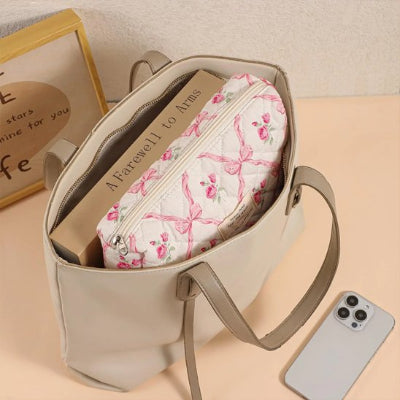 Trousse de toilette en coton matelassé organisateur de cosmétiques, longue, blanche motif fleurs roses 