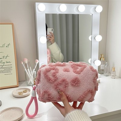Trousse de toilette en peluche avec poignée rose pochette mignonne  