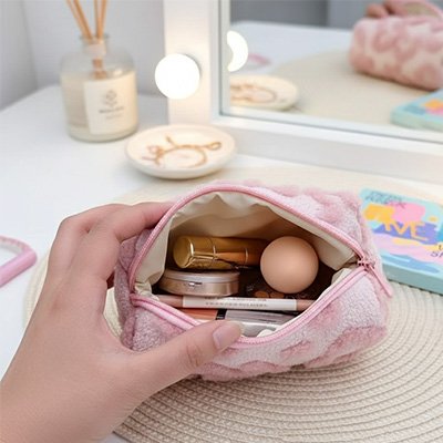 Trousse de toilette en peluche avec poignée rose pour maquillage motif cœur