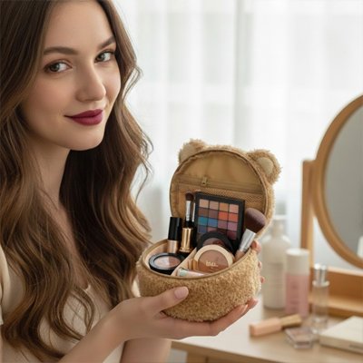 Trousse de toilette en peluche ronde marron avec compartiments avec poignée