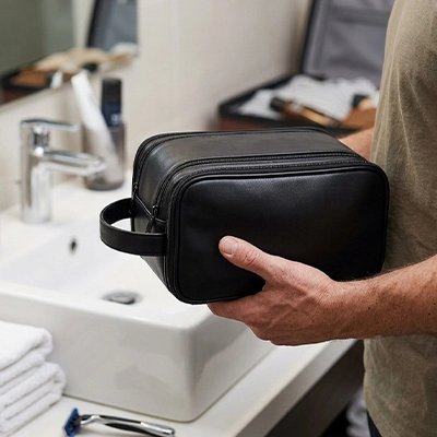Trousse de toilette en simili cuir multi-poches, sac suspendu étanche, poignée latérale, compartiments, noire