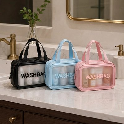 Trousse de toilette, face transparente, imperméable, inscription "WASHBAG", fermeture éclair, deux poignées latérales 