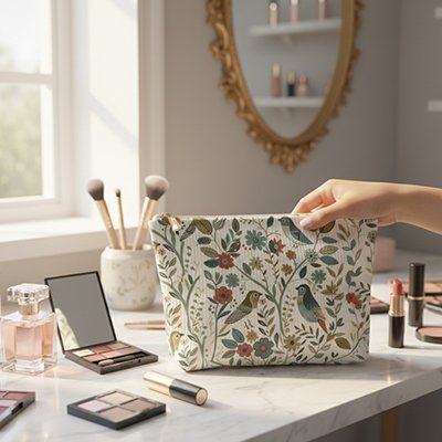 Trousse de toilette femme à fermeture éclair en velours côtelé doublure dorée à motif d'oiseau de branche