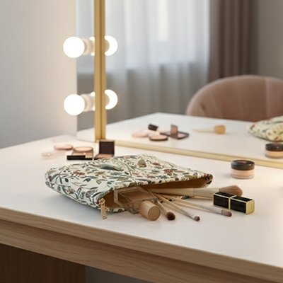 Trousse de toilette femme à fermeture éclair en velours côtelé à motif d'oiseau de branche