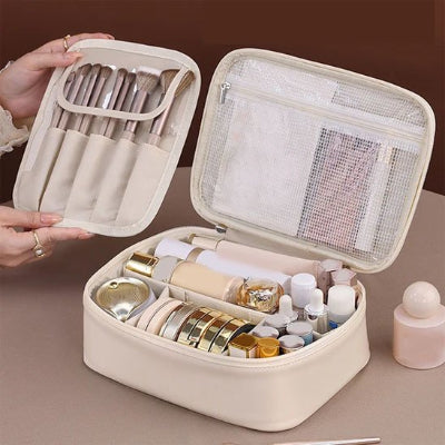 Trousse de toilette femme en cuir pour maquillage grand format, blanche, avec compartiments, organisateur détrachables