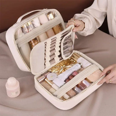 Trousse de toilette femme en cuir pour maquillage grand format, blanche rectangulaire, avec compartiments, organisateur