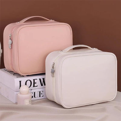 Trousse de toilette femme en cuir pour maquillage grand format, rose ou blanche, avec compartiments, organisateur
