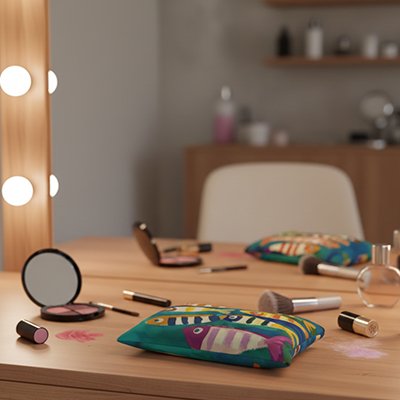 Trousse de toilette femme fond bleu motifs poissons peints multicolores 