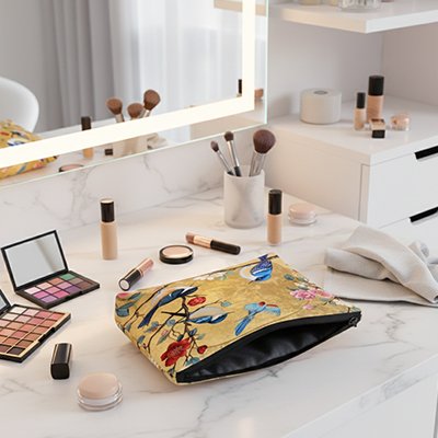 Trousse de toilette femme légère et pliable en tissu à motif d'oiseau floral pour maquillages au ton doré