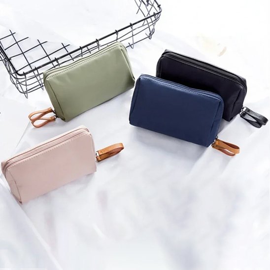 Trousse de toilette femme mini, portable, rectangulaire en tissu avec fermeture éclair dorée
