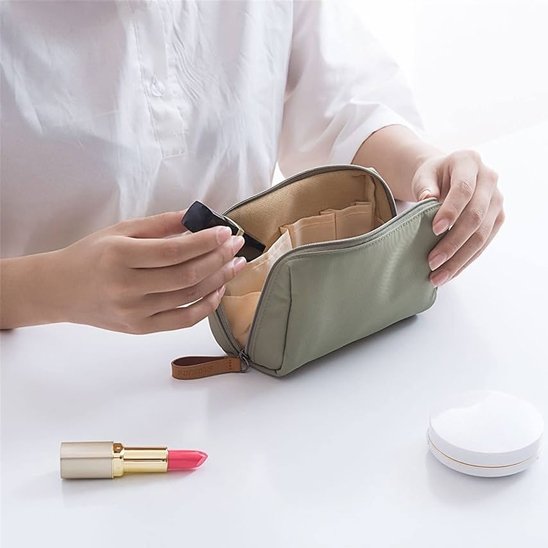 Trousse de toilette femme mini, portable, rectangulaire en tissu vert avec fermeture éclair dorée
