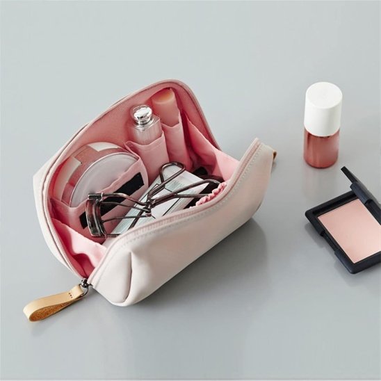 Trousse de toilette femme mini, portable, rectangulaire en tissu rose avec fermeture éclair dorée