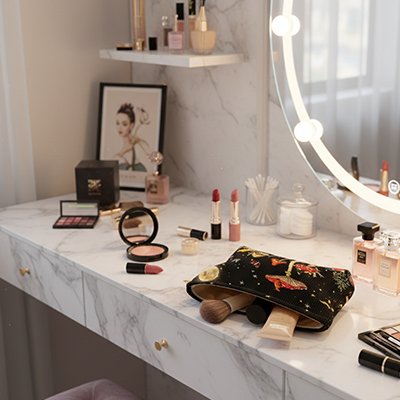 Trousse de toilette femme motif champignons papillons nuit fermeture dorée 