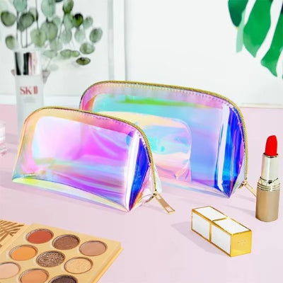 Trousse de toilette femme multicolore brillante transparente, éblouissante, ouverture à 180°