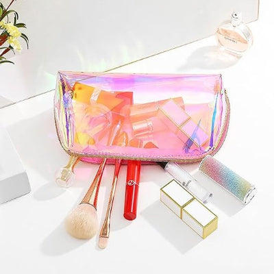 Trousse de toilette femme multicolore brillante transparente, éblouissante, colorée, ouverture à 180°