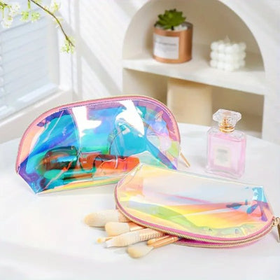 Trousse de toilette femme multicolore brillante transparente ouverture 180°