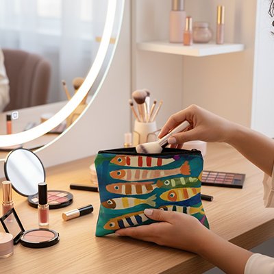 Trousse de toilette femme petit format pratique poissons peints multicolores 