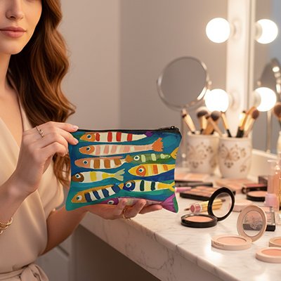 Trousse de toilette femme poissons peints multicolores petit format pratique 
