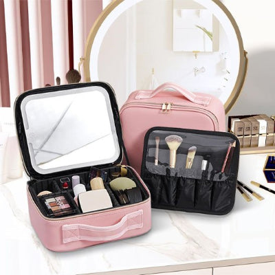 Trousse de toilette femme pour maquillage avec miroir grande capacité rose et noire rectangulaire