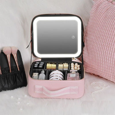 Trousse de toilette femme pour maquillage avec miroir contour blanc, grande capacité, rose, compartimentée ordonnée 