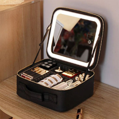 Trousse de toilette femme pour maquillage avec miroir grande capacité noire