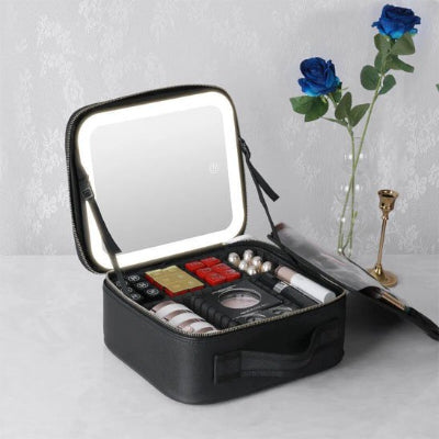 Trousse de toilette femme pour maquillage avec miroir au contour blanc grande capacité, noire 