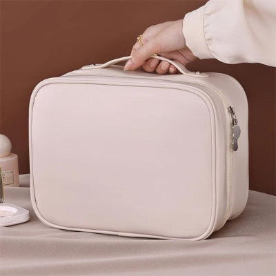 Trousse de toilette femme pour maquillage grand format, blanche, avec compartiments, organisateur en cuir