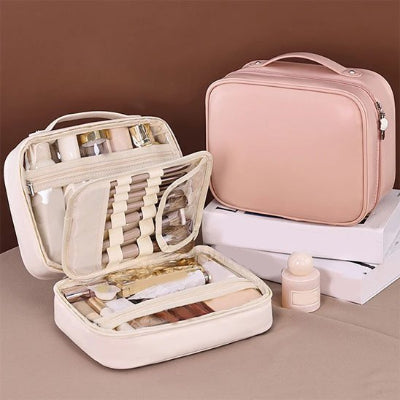 Trousse de toilette femme pour maquillage grand format, rose ou blanche, avec compartiments, organisateur
