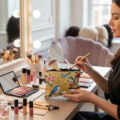 Trousse de toilette femme pour maquillage légère et pliable en tissu à motif d'oiseau floral