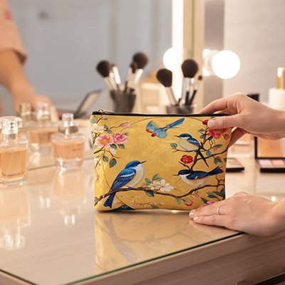 Trousse de toilette femme pour maquillages légère et pliable en tissu à motif d'oiseau floral