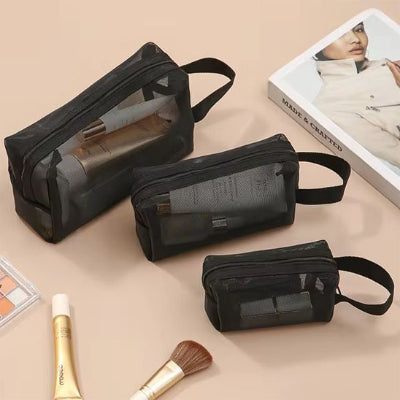 Trousse de toilette femme transparent noir avec poignée rectangulaire trois format 