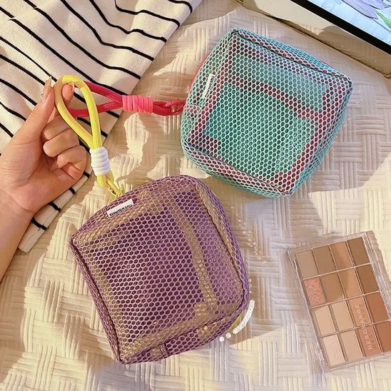 Trousse de toilette fermeture éclair robuste, mini pochette carrée en maille transparente, bleu, violet