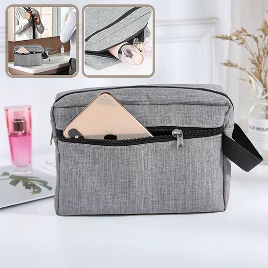 Trousse de toilette grise à la fermeture éclair noire de forme rectangulaire 