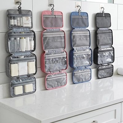 Trousse de toilette grise, rose, bleu, noir, suspendue et dépliable, 4 compartiment transparents