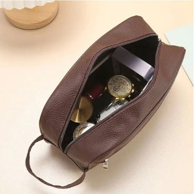 Trousse de toilette homme à fermeture éclair et poignée, marron 