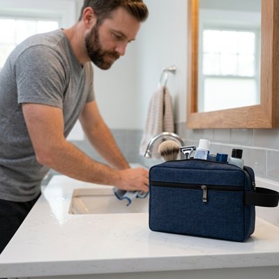 trousse de toilette homme, bleu foncé, fermeture à glissière, avec poignée latérale