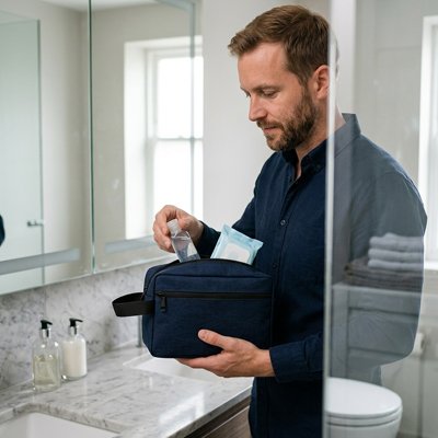 trousse de toilette homme bleu foncé, poche principale zippée, 1 poche frontale extérieure zippée