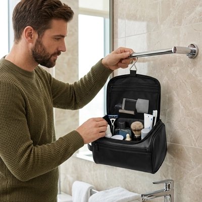 Trousse de toilette homme en simili cuir Grande capacité, compartiments organisés, noir