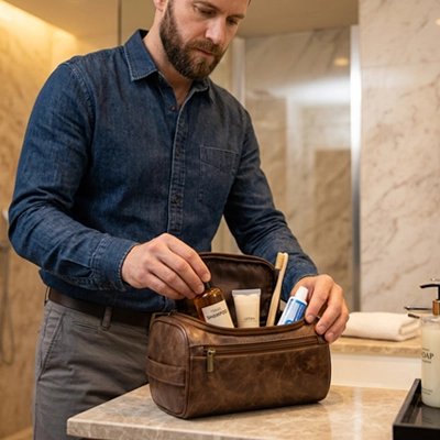 Trousse de toilette homme, en simili cuir Grande capacité, compartiments organisés, marron foncé