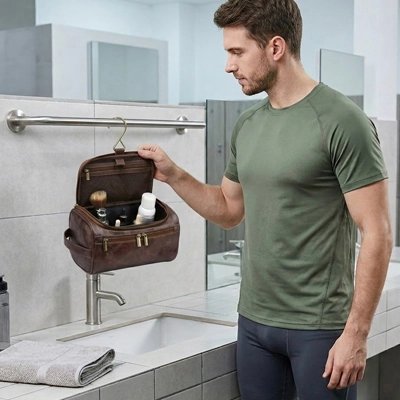 Trousse de toilette homme, marron foncé, en simili cuir Grande capacité, compartiments organisés