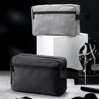 Trousse de toilette homme noire et grise avec fermeture éclair noire et poche latérale